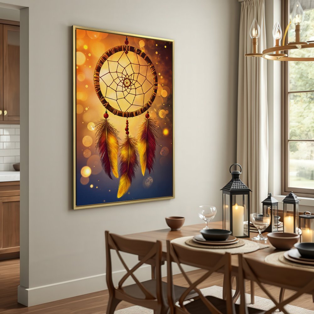 Dreamcatcher Canvas Print with warm gold and burgundy tones. Boho wall art for a cozy living room.