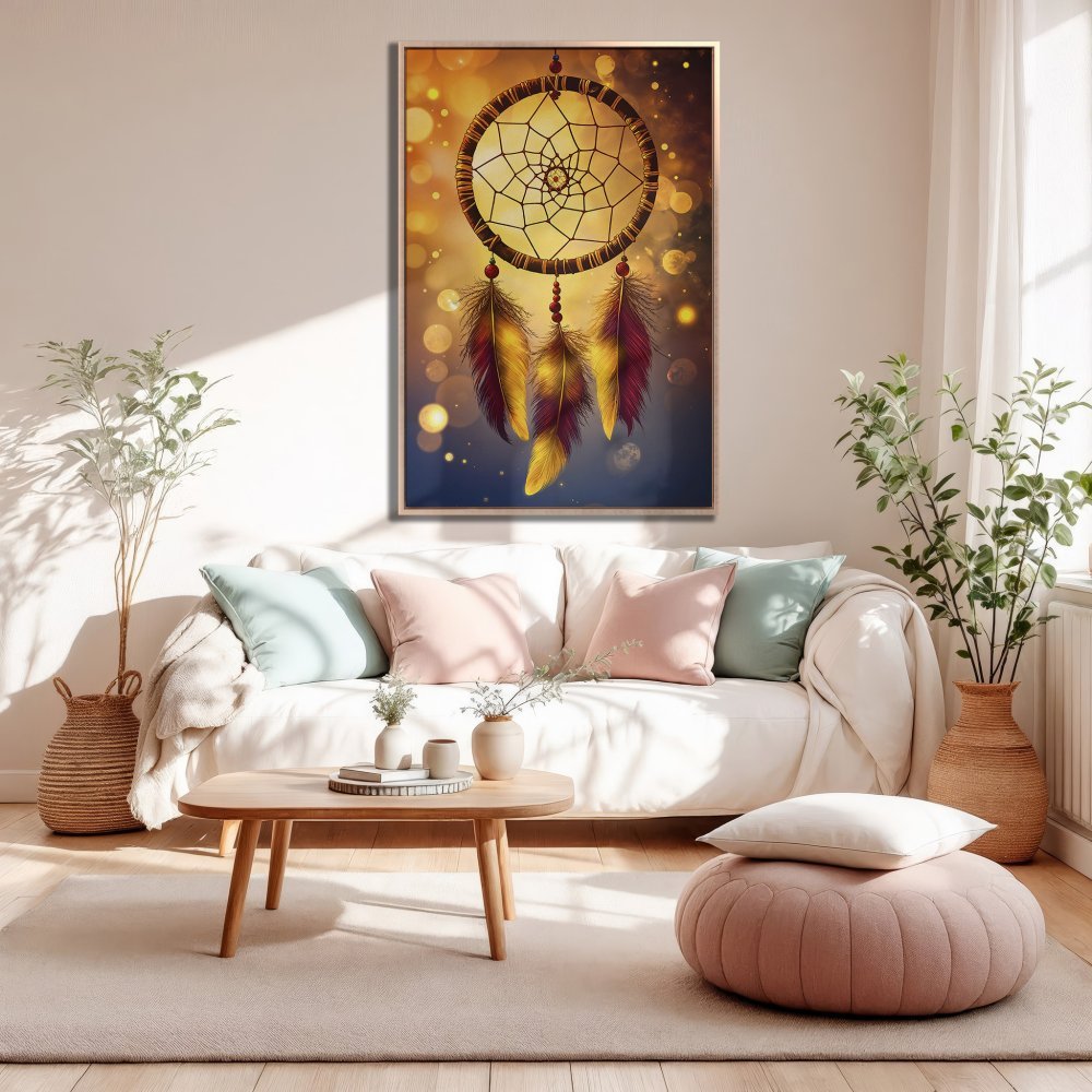 Framed Wall Art: Dreamcatcher print in warm gold & burgundy tones. Boho style canvas art for living room decor. Shop now!