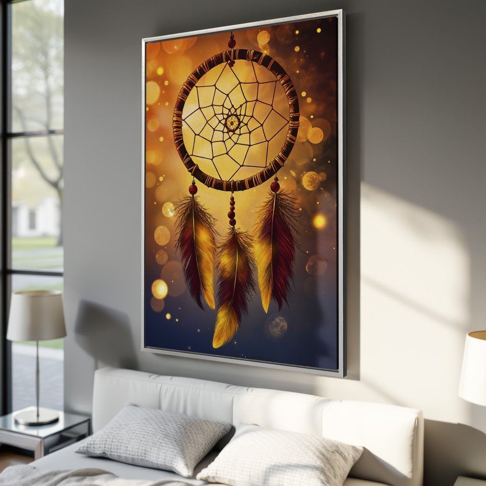 Framed Wall Art: Dreamcatcher canvas print with warm, earthy tones. Bohemian style art for bedroom decor. Add a touch of magic!
