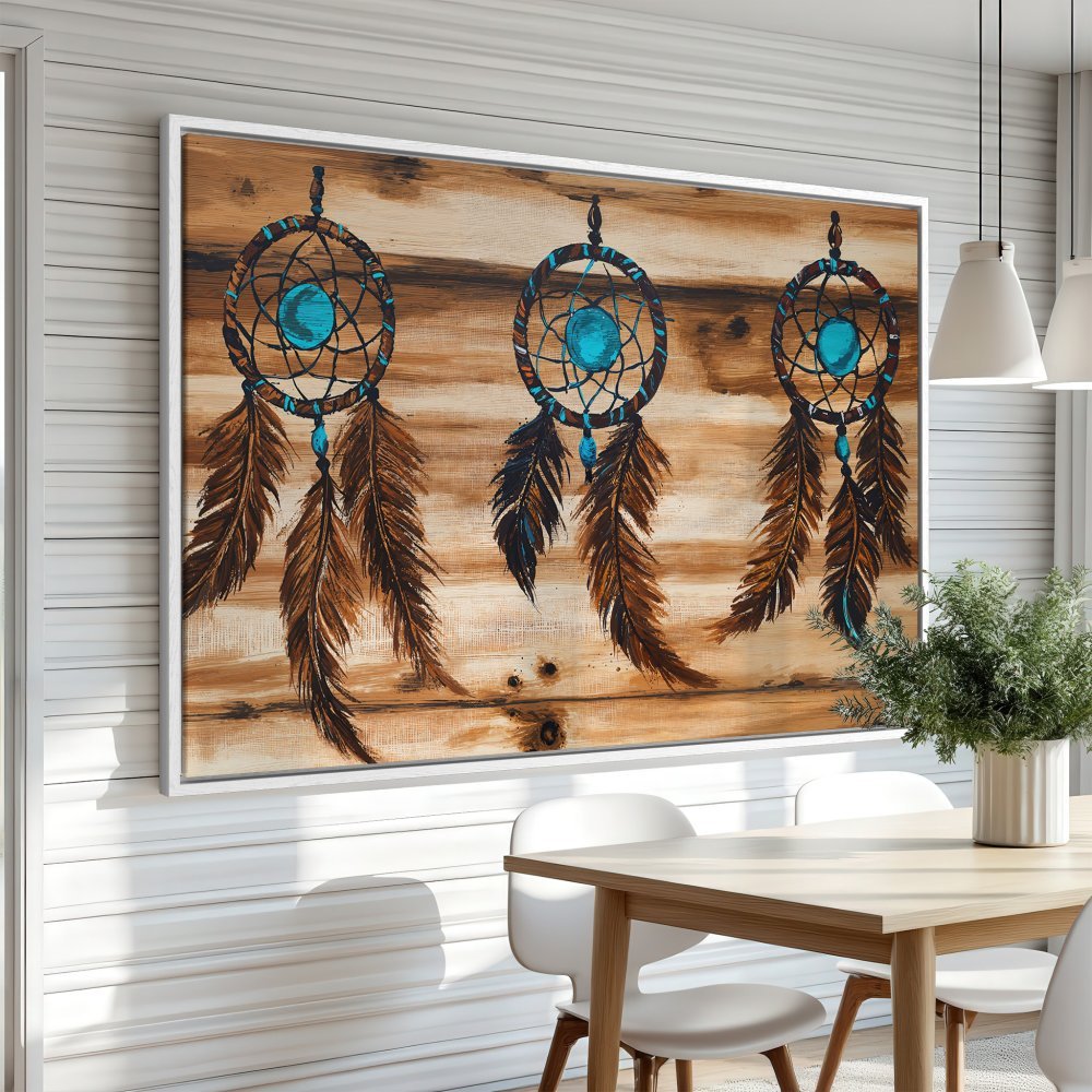 Framed Wall Art: Dreamcatcher Canvas Print with rustic wood background. Earthy tones of brown, turquoise, and black. Boho decor for your home.