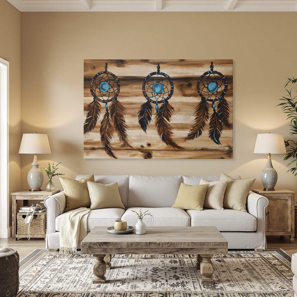 Framed Wall Art: Dreamcatcher canvas print with rustic wood background, featuring turquoise and brown tones. Perfect for boho decor!