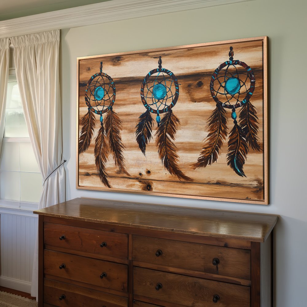 Framed Wall Art: Dreamcatcher canvas print with turquoise accents and brown feathers. Rustic style, warm color palette. Perfect for boho decor.