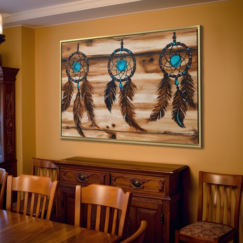 Canvas Print: Dreamcatcher art in rustic style, featuring brown, blue, and beige tones. Perfect wall decor for a warm, inviting space.