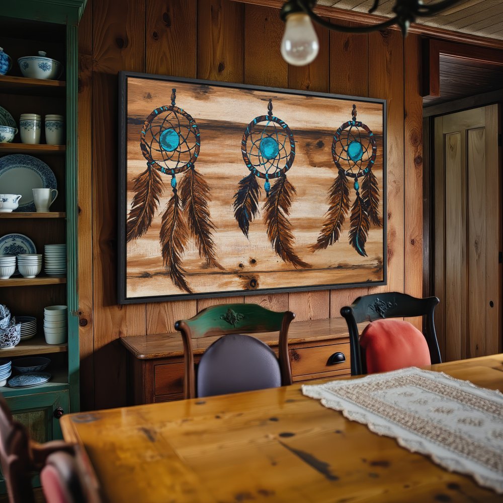 Framed Wall Art: Dreamcatcher canvas print with turquoise accents, rustic style, and warm brown tones. Perfect for boho home decor.