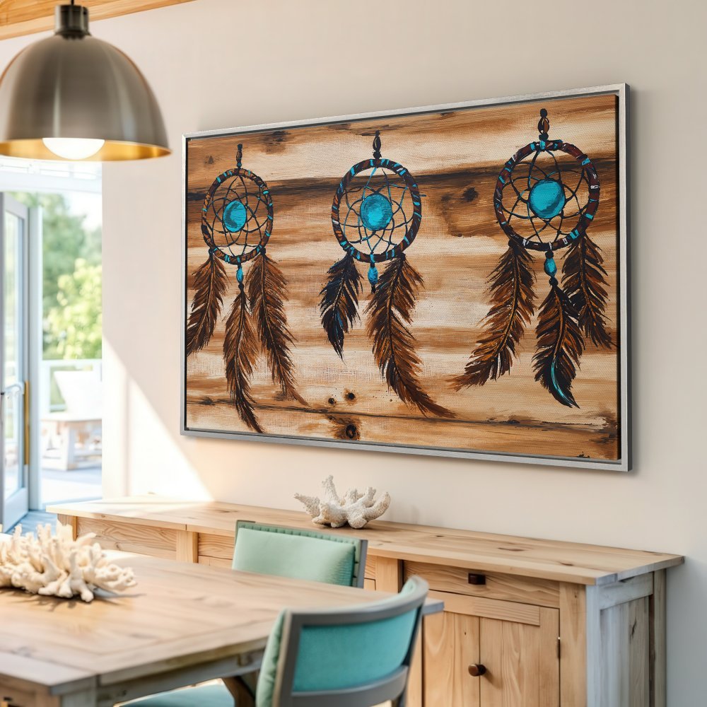 Framed Wall Art: Dreamcatcher print with turquoise accents on a rustic wood-look background. Earthy tones create a calming, bohemian vibe.