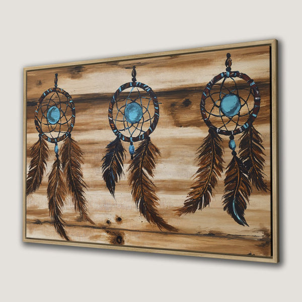 Canvas Print of dreamcatchers on wood background, rustic style, featuring brown, teal, and beige tones. Perfect wall art!