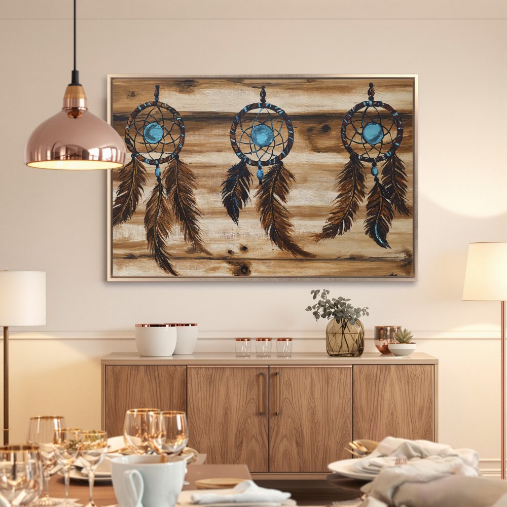 Framed Wall Art: Dreamcatcher canvas print in rustic style, featuring brown, blue, and neutral tones. Perfect for adding a touch of bohemian decor to your home.