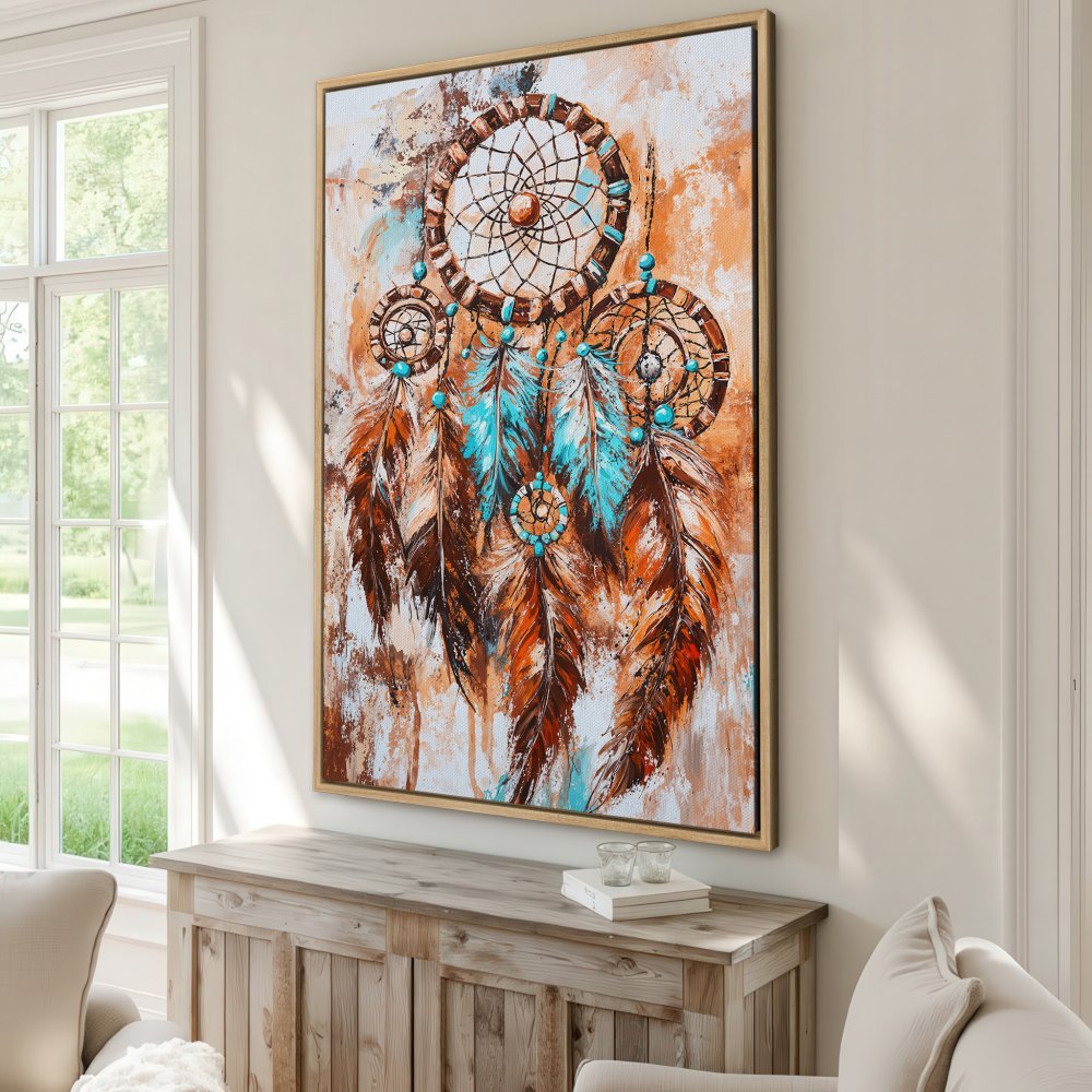 Framed Wall Art: Dreamcatcher Canvas Print in warm orange, turquoise, & brown tones. Boho style art for living room or bedroom decor.