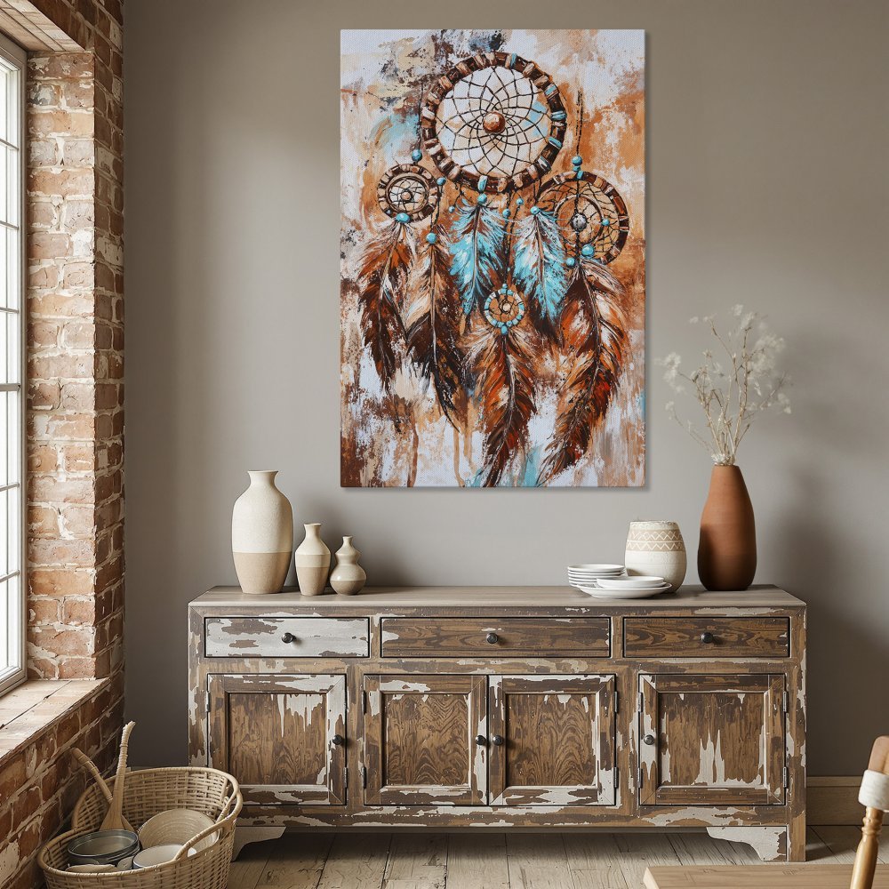 Framed Wall Art: Dreamcatcher painting in warm tones. Rustic boho style canvas print with turquoise accents. Perfect for living room or dining room decor.
