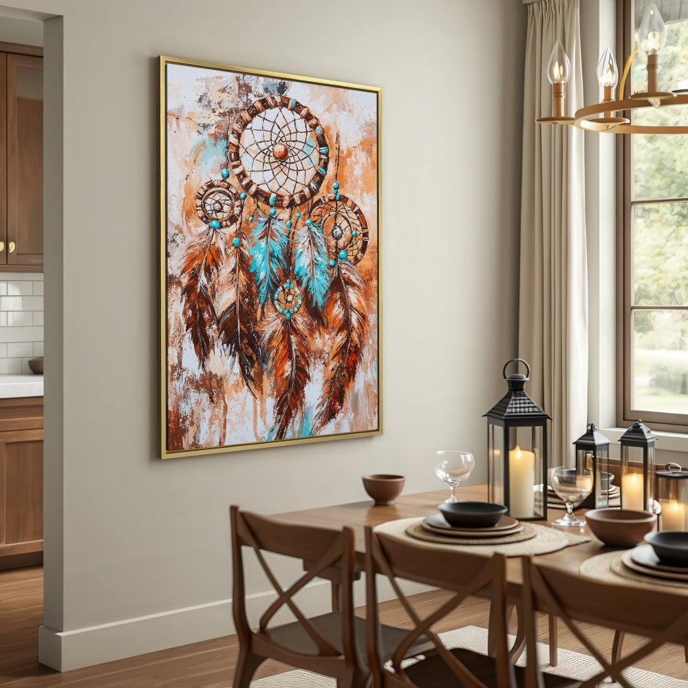 Canvas Print of a dreamcatcher in boho style, featuring brown, turquoise, and neutral tones. Perfect wall art!