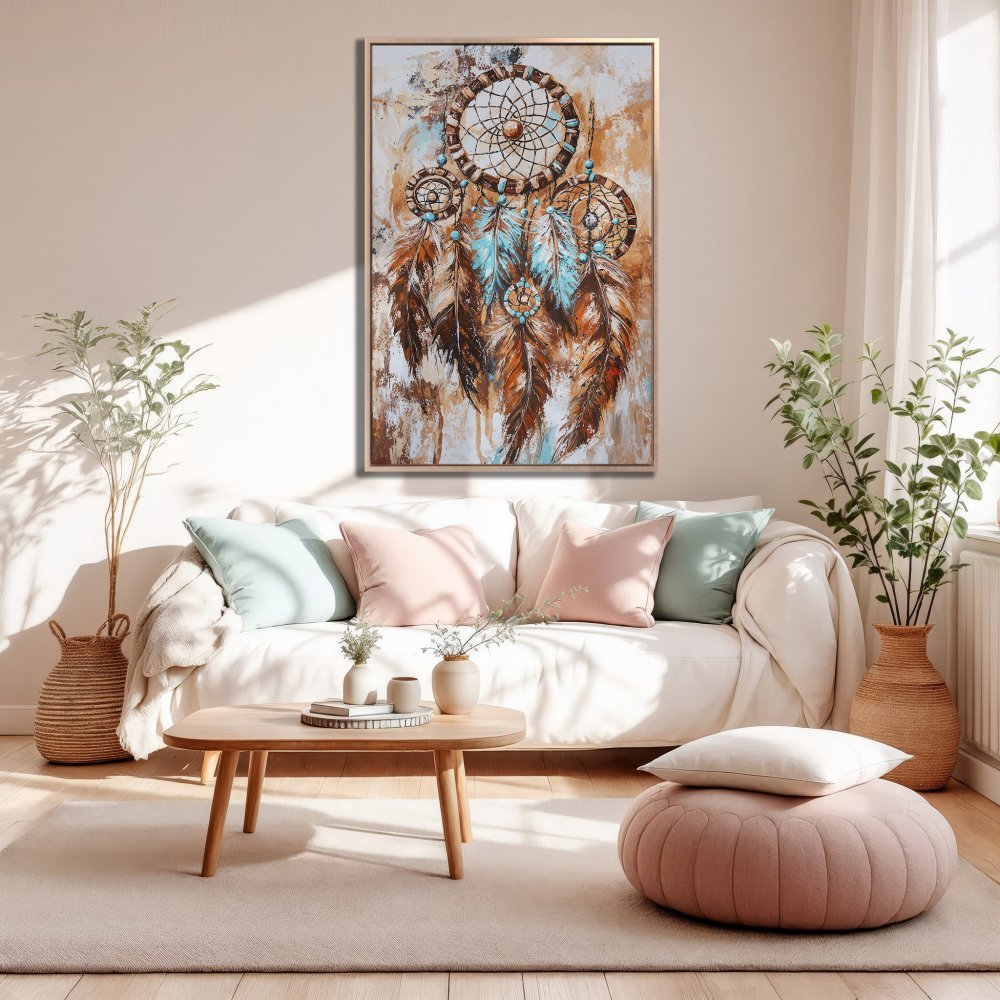 Framed Wall Art: Dreamcatcher canvas print in boho style, featuring warm brown, turquoise, and cream tones. Perfect for living room decor.