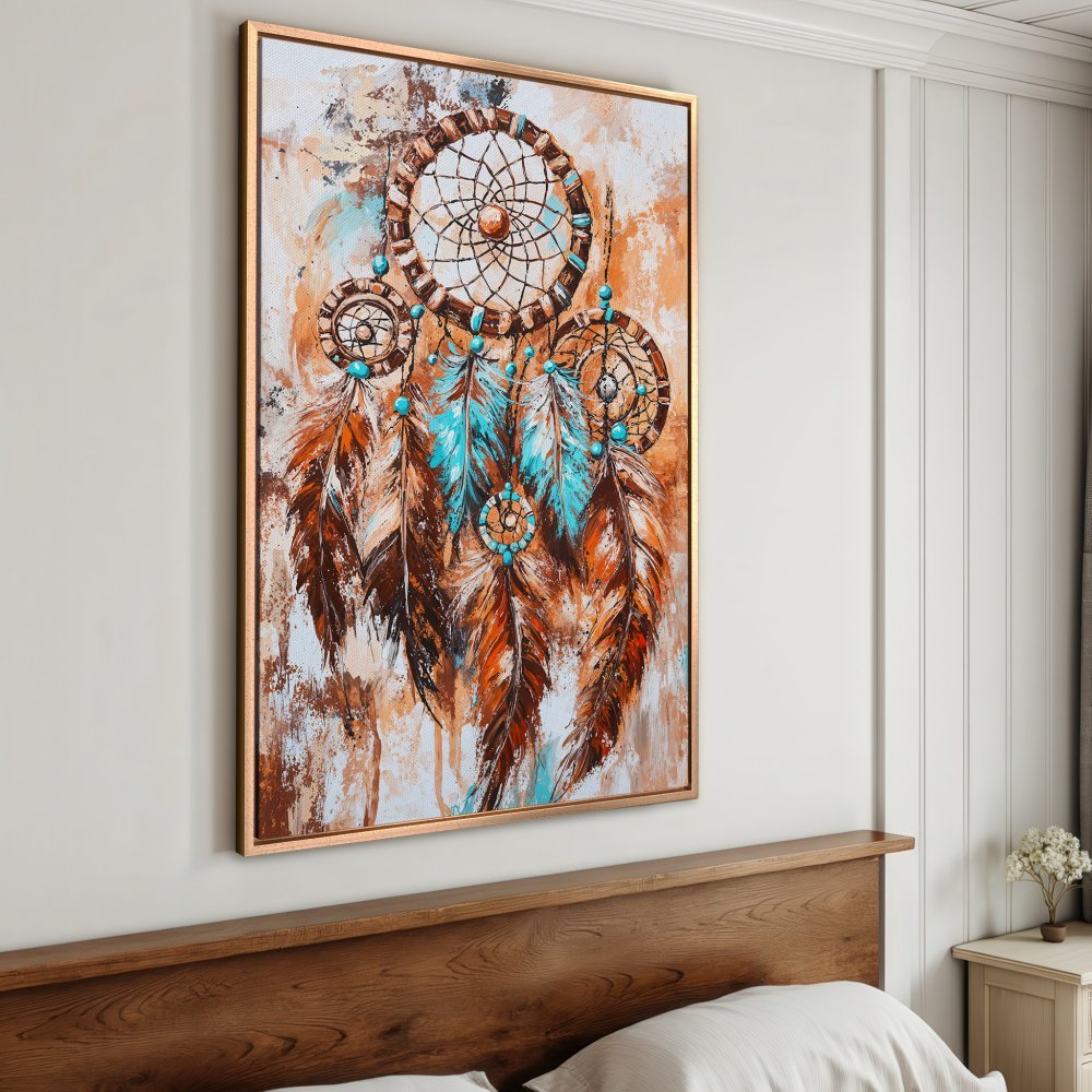 Framed Wall Art: Dreamcatcher Canvas Print in warm earth tones and turquoise. Boho style wall decor for bedroom or living room.