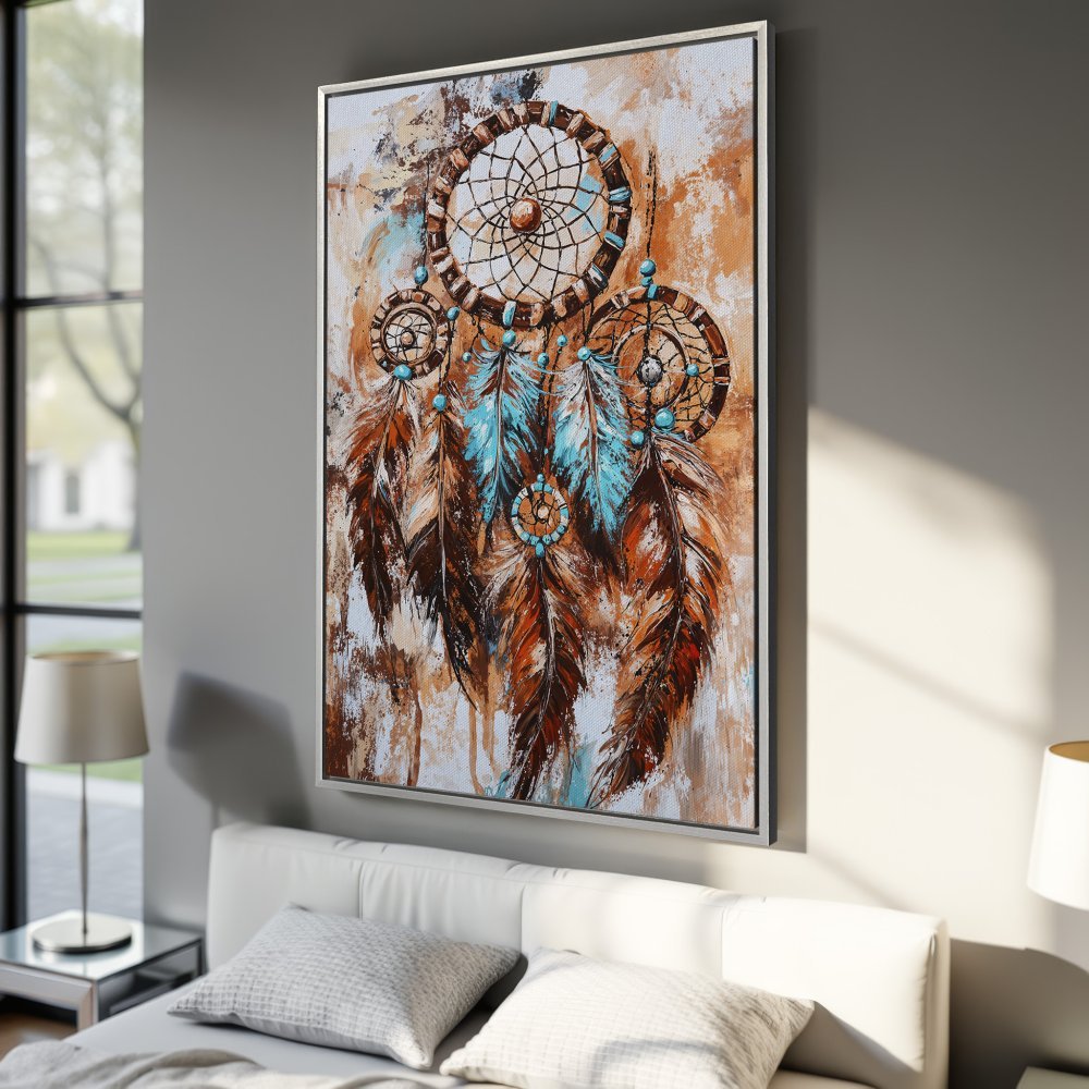 Framed Wall Art: Dreamcatcher canvas print with earthy tones and turquoise accents. Boho style artwork perfect for bedroom decor.