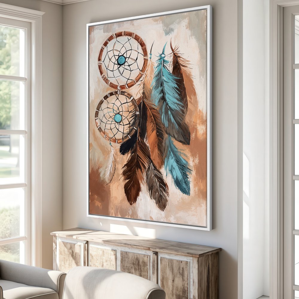 Framed Wall Art featuring a dreamcatcher in a boho style, with a warm brown and teal color palette. Perfect for adding a touch of serenity to your home.