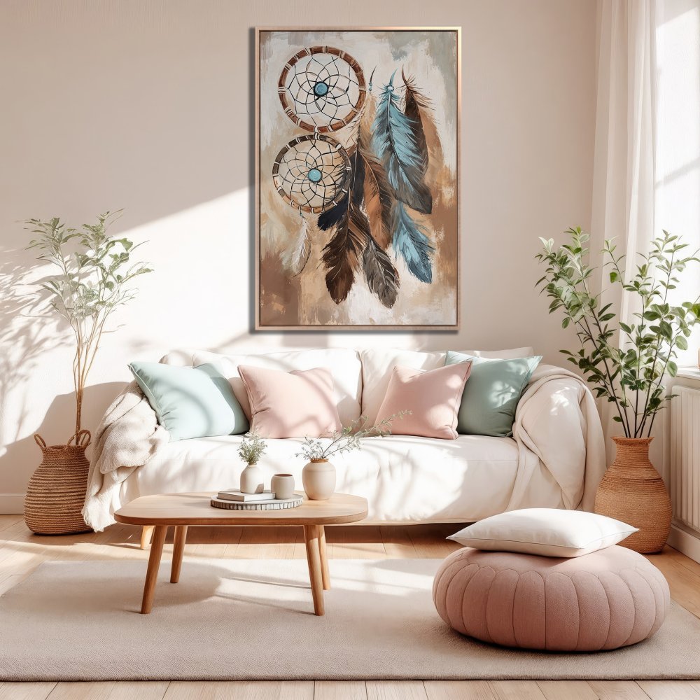 Framed Wall Art: Dreamcatcher canvas print in a neutral living room. Boho style with brown, blue, and beige color palette. Shop now for home decor!