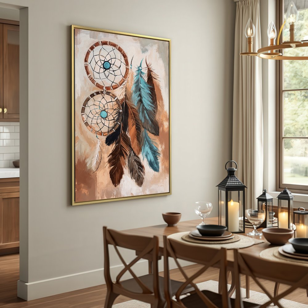 Dreamcatcher Canvas Print in boho style, featuring brown, blue, and beige tones. Perfect wall art for a cozy living room!