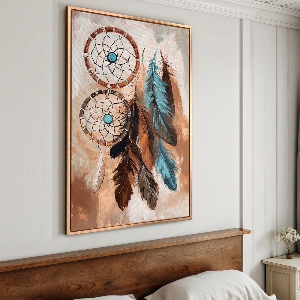 Framed Wall Art: Dreamcatcher painting in earthy tones. Boho style canvas print with teal and brown feathers. Perfect bedroom decor!