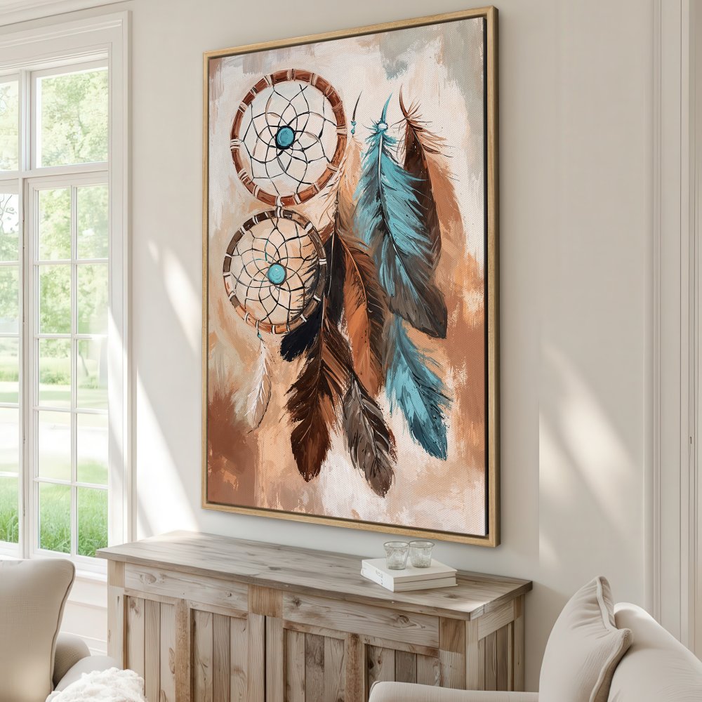 Framed Wall Art: Dreamcatcher painting with brown, turquoise, and neutral tones. Boho style Canvas Print perfect for living room decor.