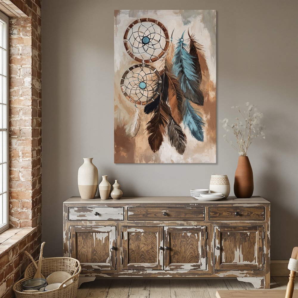 Framed Wall Art: Dreamcatcher painting in warm brown and teal tones. Perfect boho decor for your dining room.