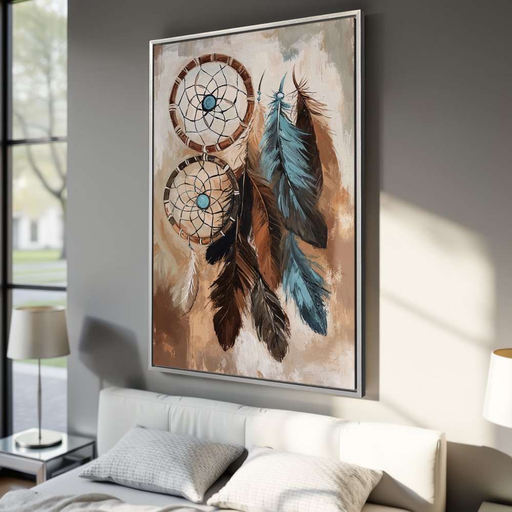Framed Wall Art: Dreamcatcher canvas print with brown, blue, and beige tones. Perfect boho decor for your bedroom. Shop now!