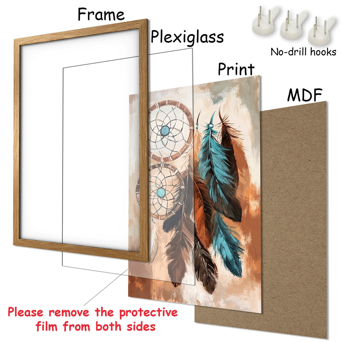 Framed Poster featuring dreamcatcher and feathers in a watercolor style with a warm, earthy color palette. Perfect wall art decor!