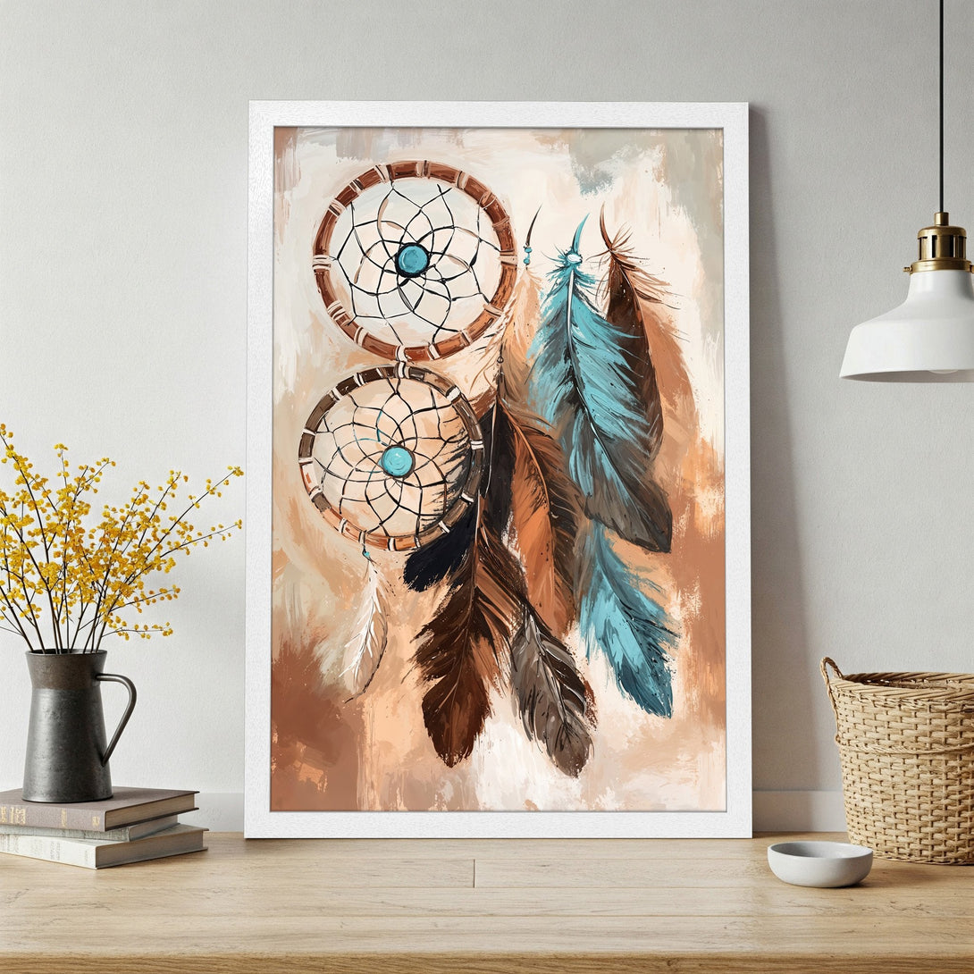 Framed Poster featuring a dreamcatcher design in a bohemian style with a warm, earthy color palette. Perfect for adding a touch of art to your home!