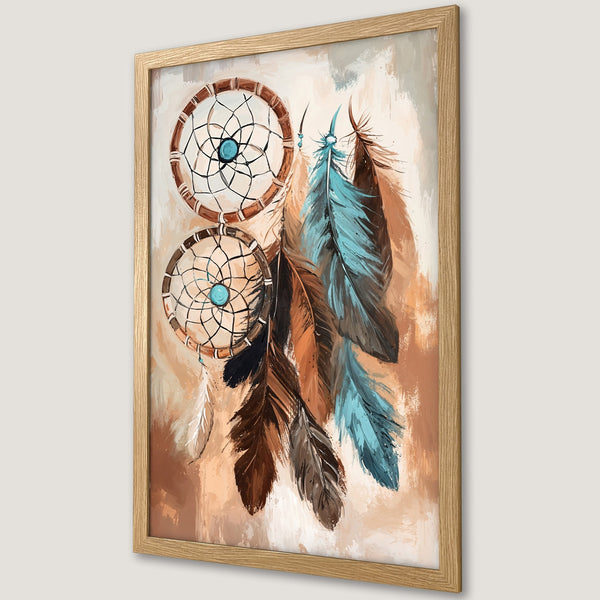 Framed Poster featuring a dreamcatcher with feathers, in a boho style with a warm, earthy color palette. Perfect wall art!