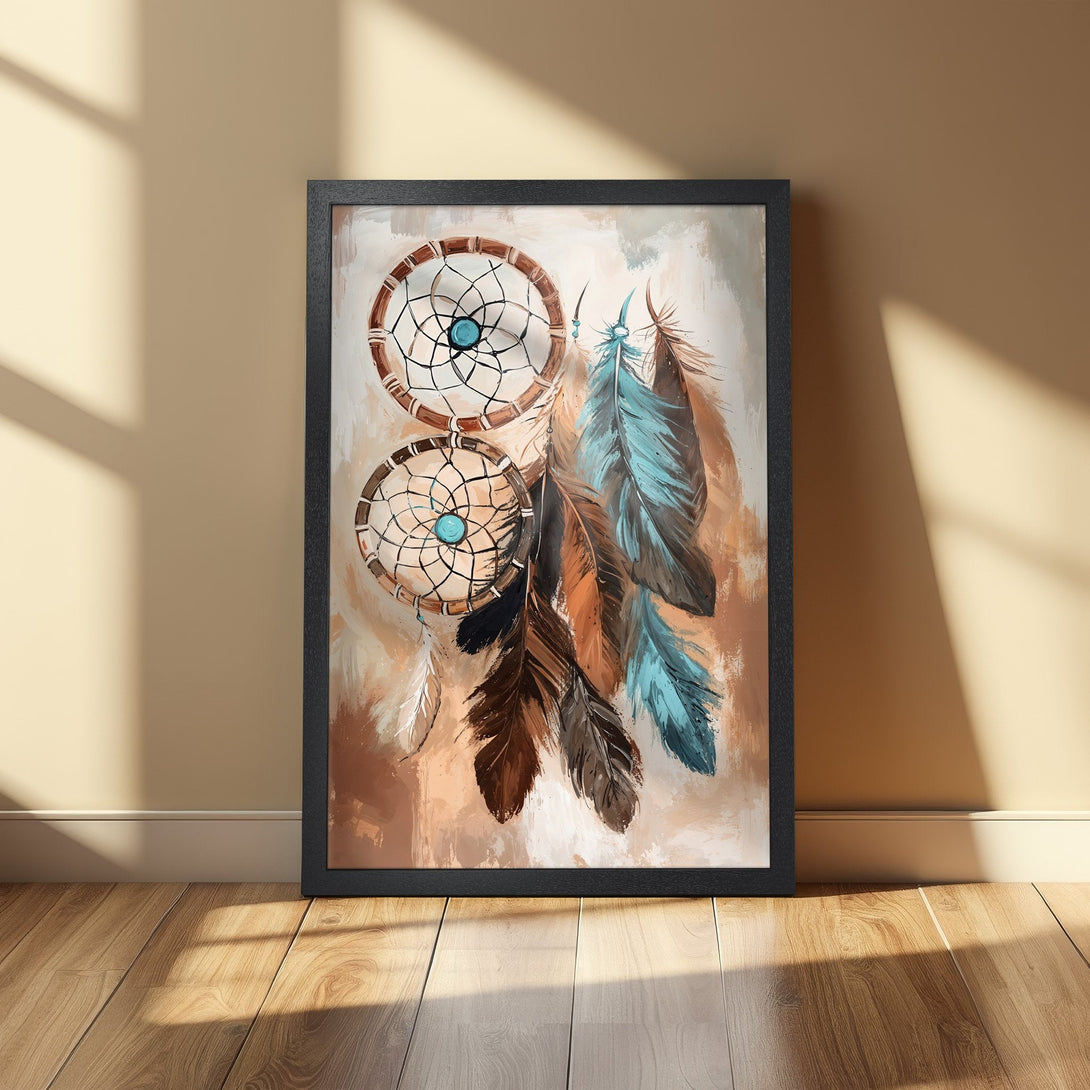 Framed Poster featuring a dreamcatcher with feathers, painted in a bohemian style with a warm, earthy color palette. Perfect wall art!
