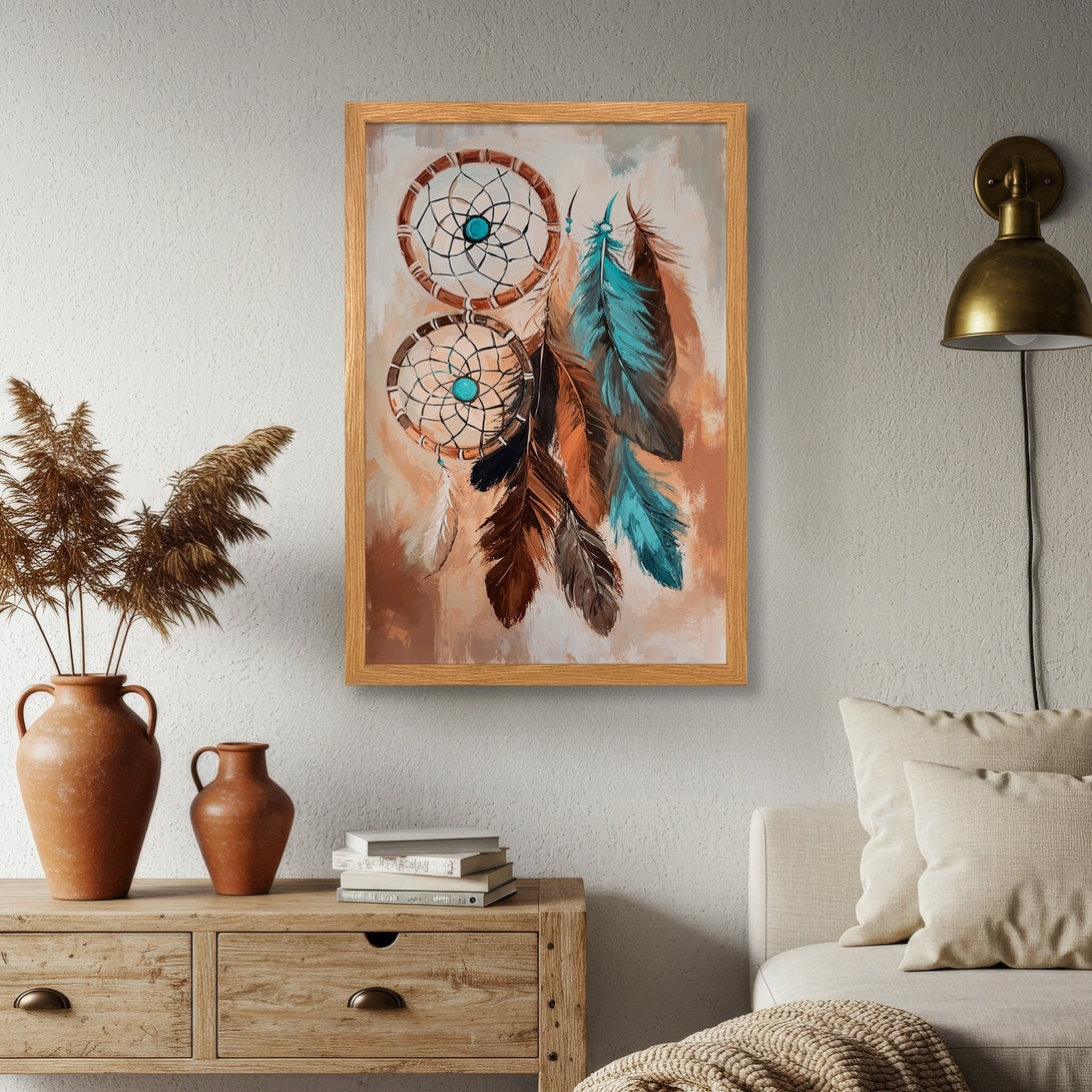Framed Poster featuring dreamcatchers and feathers in a bohemian style with a warm, earthy color palette. Perfect wall art for any room!