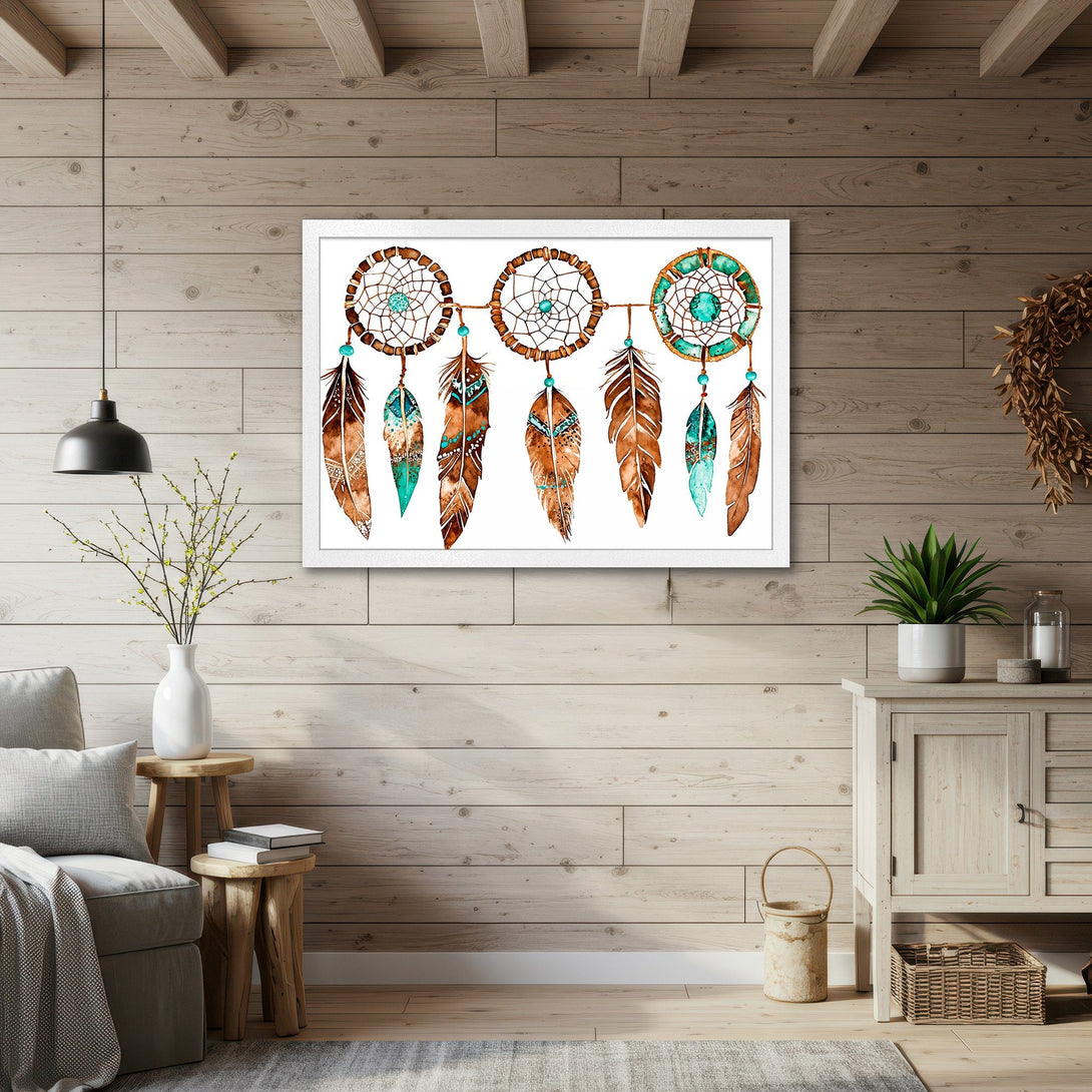 Framed Poster featuring watercolor dreamcatchers, boho style, brown, teal, and white color palette. Add a touch of art to your space!