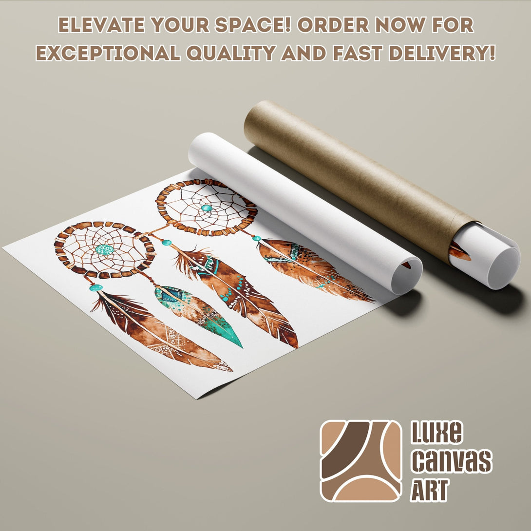 Dreamcatcher Poster Roll in watercolor style, featuring brown, teal, and neutral tones. Elevate your space today!