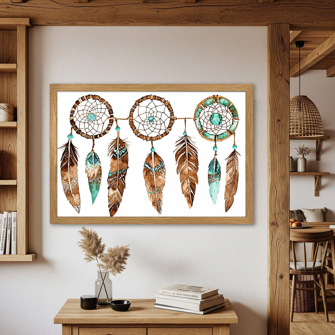 Framed Poster featuring a watercolor dreamcatcher design. Boho style art with brown, turquoise, and white color palette. Add a touch of serenity to your space!