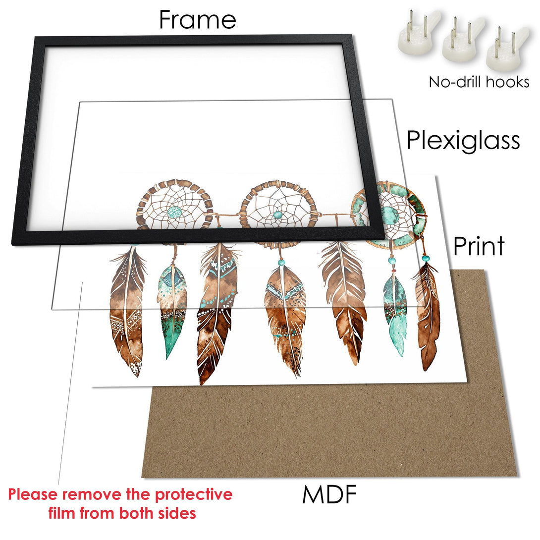 Framed Poster featuring dreamcatchers and feathers in watercolor style, warm brown and teal color palette, perfect wall art.