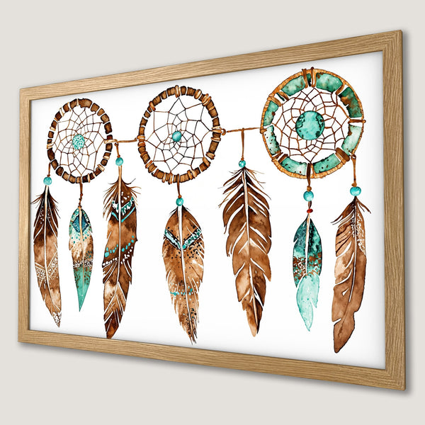 Framed Poster featuring watercolor dreamcatcher with brown, turquoise, and white color palette. Perfect boho wall art!