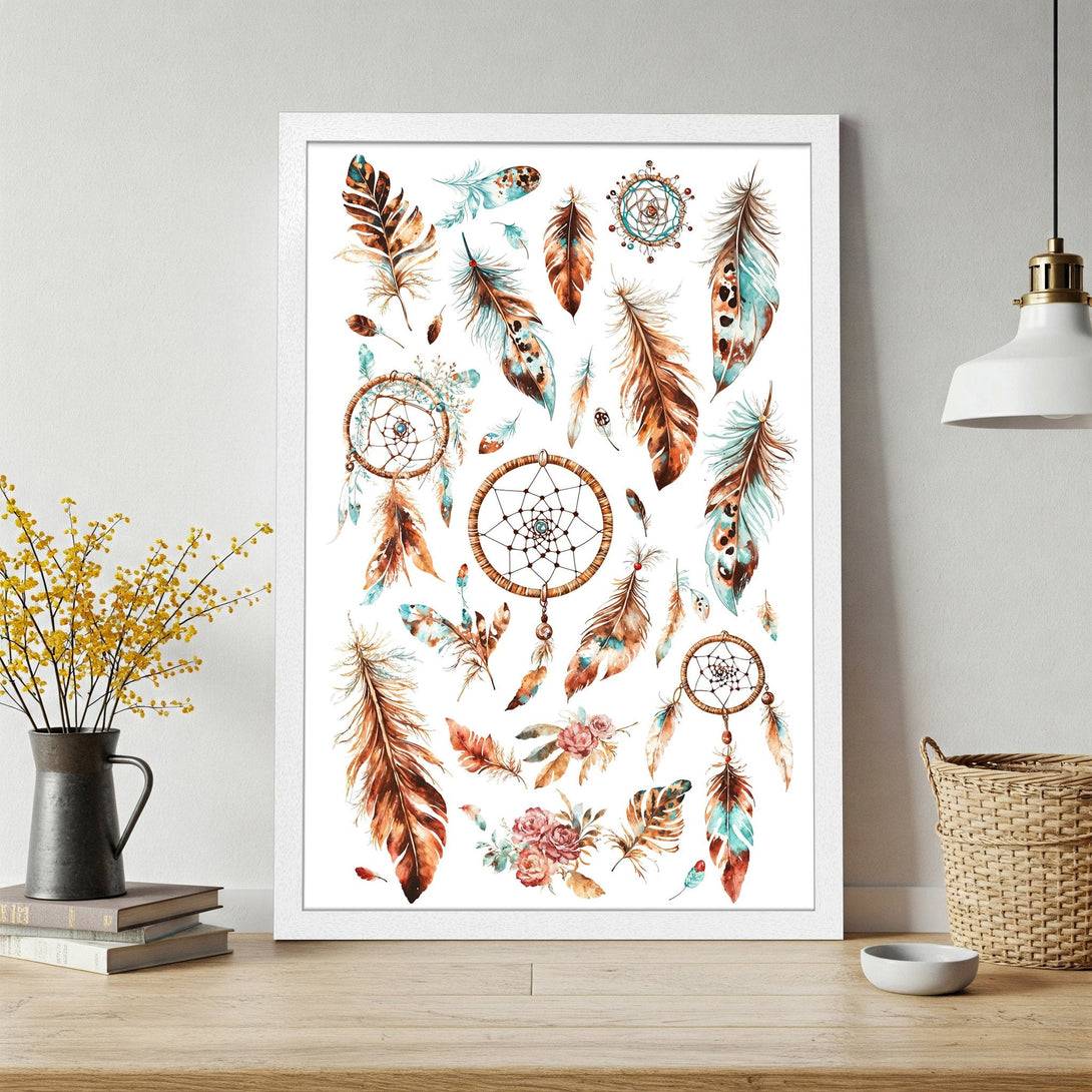 Framed Poster featuring watercolor feathers & dreamcatchers in boho style. Earthy tones with teal accents. Perfect wall art!