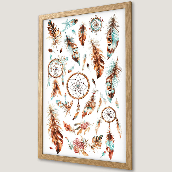 Framed Poster featuring watercolor feathers and dreamcatchers in a bohemian style, with a warm brown and teal color palette.