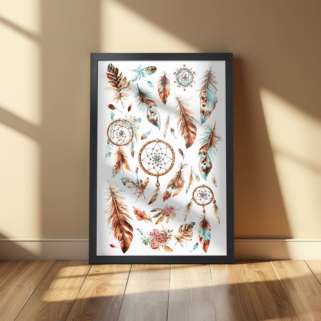 Framed Poster featuring watercolor feathers and dream catchers in a bohemian style, with a warm brown and teal color palette. Add a touch of art to your space!