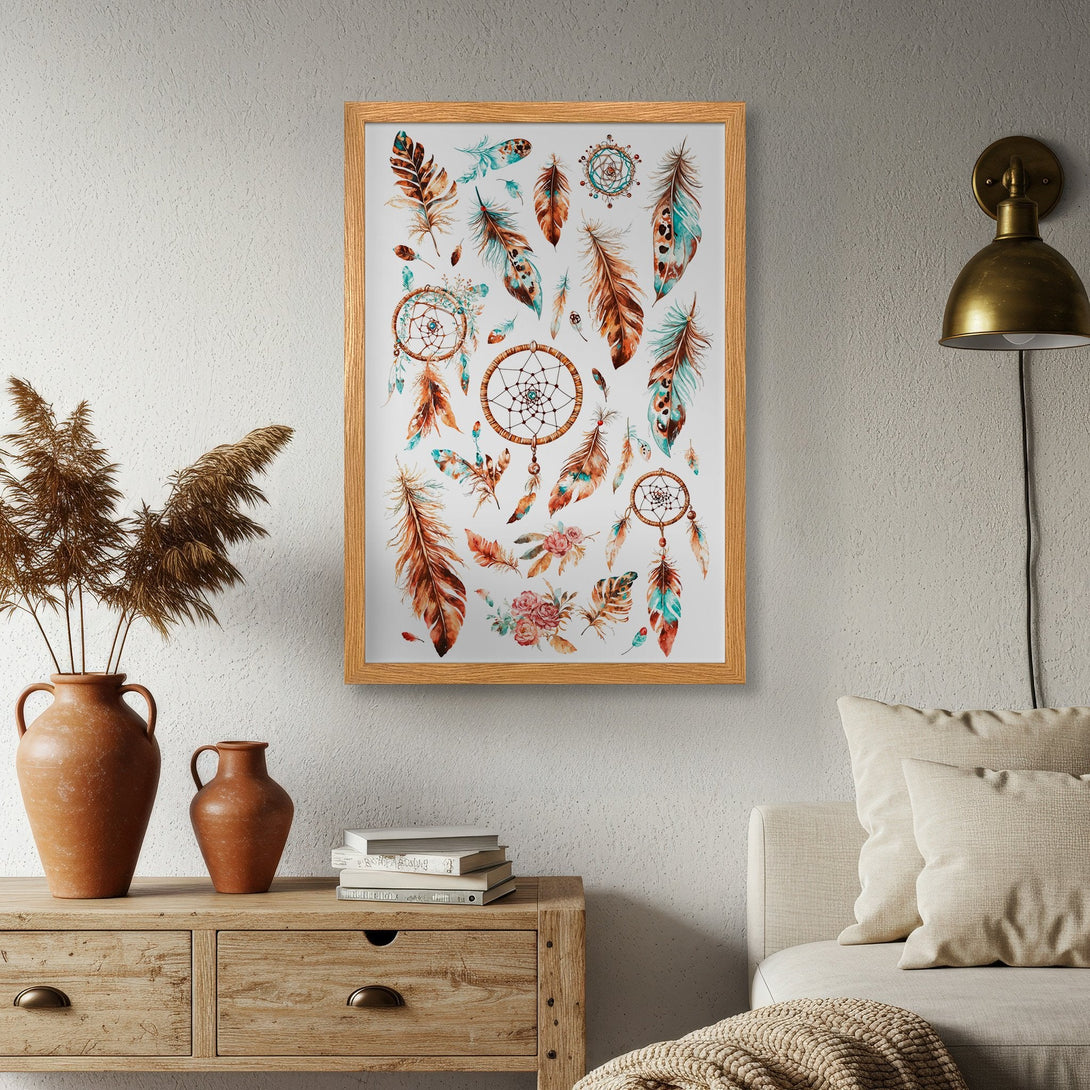 Framed Poster featuring watercolor dreamcatchers and feathers. Boho style art with warm, earthy tones. Perfect wall decor!