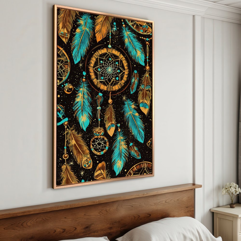Framed Wall Art: Dreamcatcher Canvas Print in boho style with teal & gold feathers on a black background. Add a touch of art to your space!