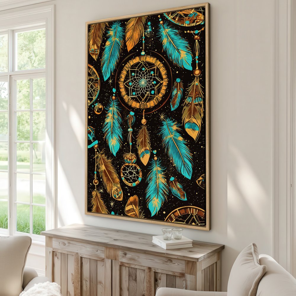 Framed Wall Art: Dreamcatcher Canvas Print with turquoise and gold feathers on a black background. Boho style art for your home decor.