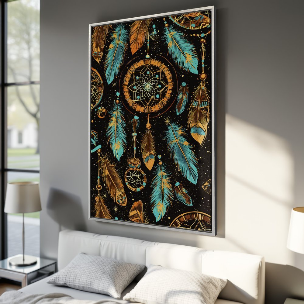Framed Wall Art: Dreamcatcher design in teal, gold, and brown on a black background. Perfect for boho decor. Add this Canvas Print to your bedroom!