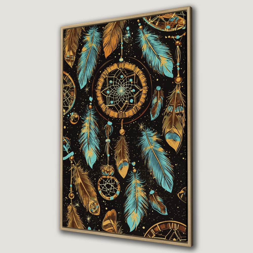 Framed Wall Art featuring a dreamcatcher and feathers in teal, gold, and brown against a black background. Perfect for boho decor!