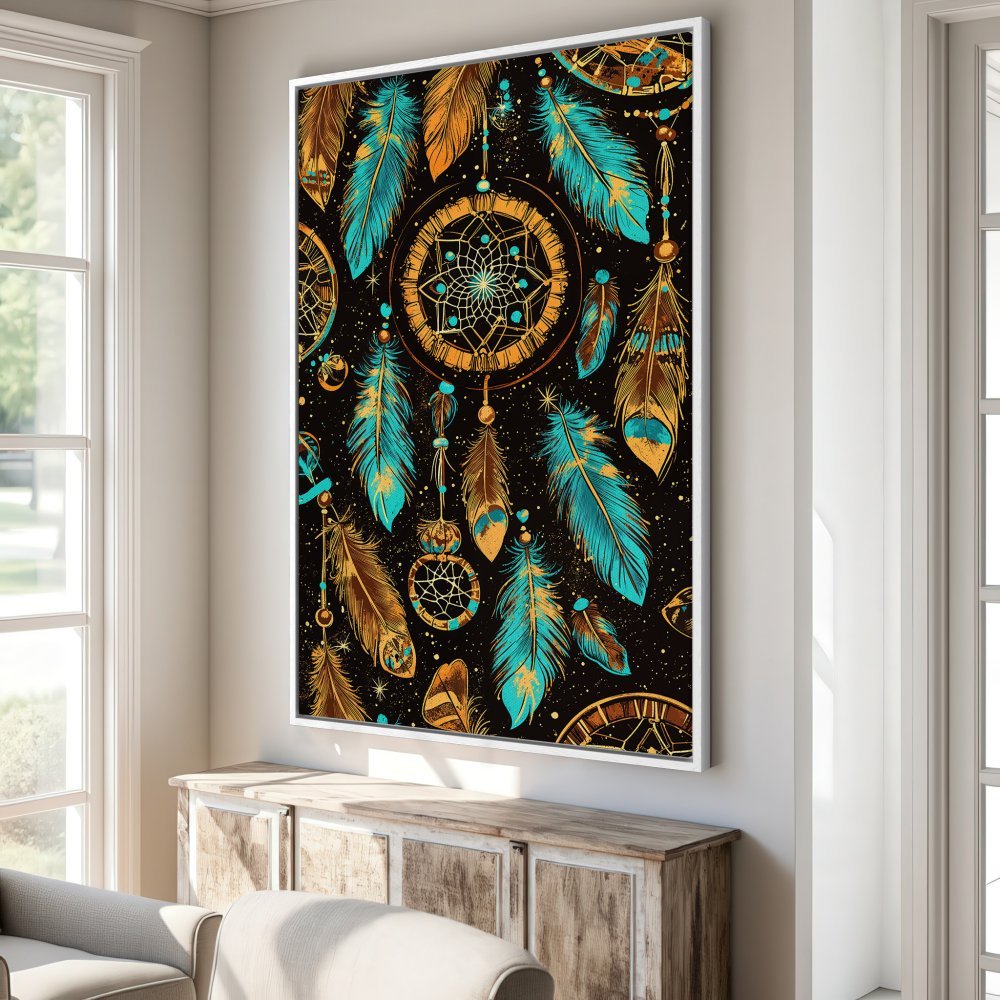 Framed Wall Art: Dreamcatcher design with teal, gold, and brown feathers on a black background. Boho style Canvas Print for home decor.