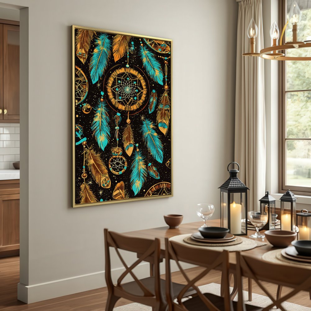 Canvas Print featuring a dreamcatcher design with teal, gold, and black feathers. Boho style wall art for a stylish interior.