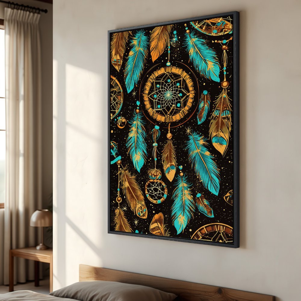 Framed Wall Art: Dreamcatcher design in turquoise, gold, and brown. Boho style Canvas Print adds a touch of elegance to any space.
