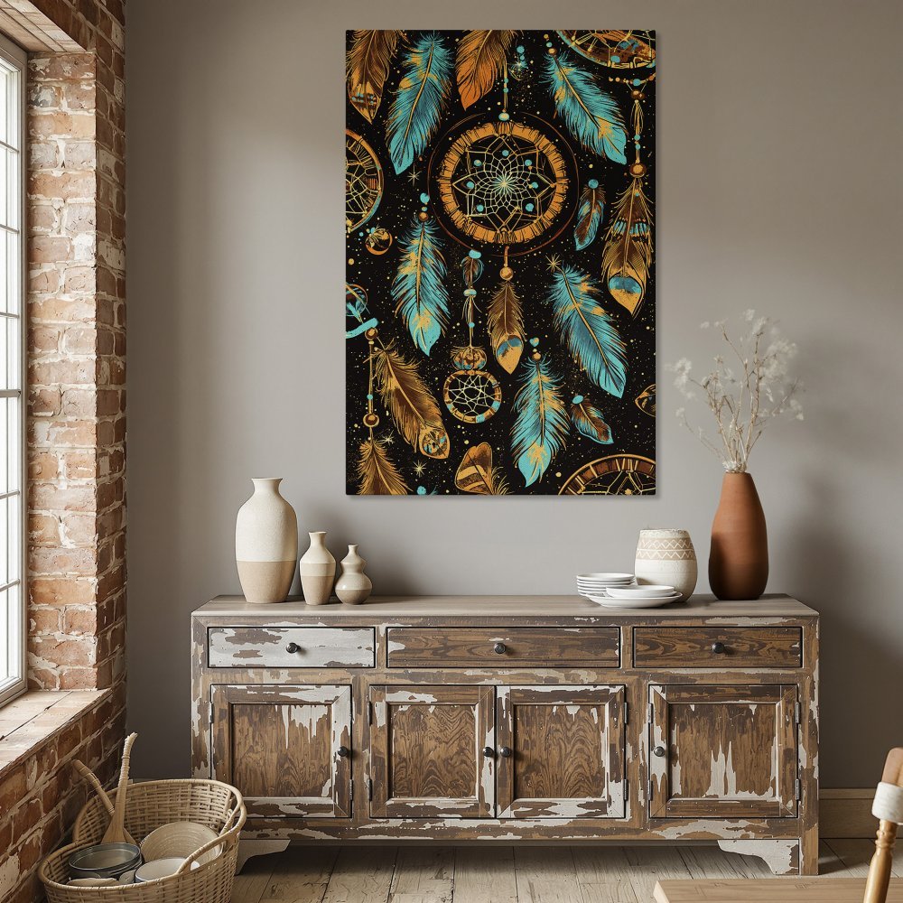 Framed Wall Art: Dreamcatcher design in teal, gold, and black. Bohemian style canvas print perfect for living room or bedroom decor.