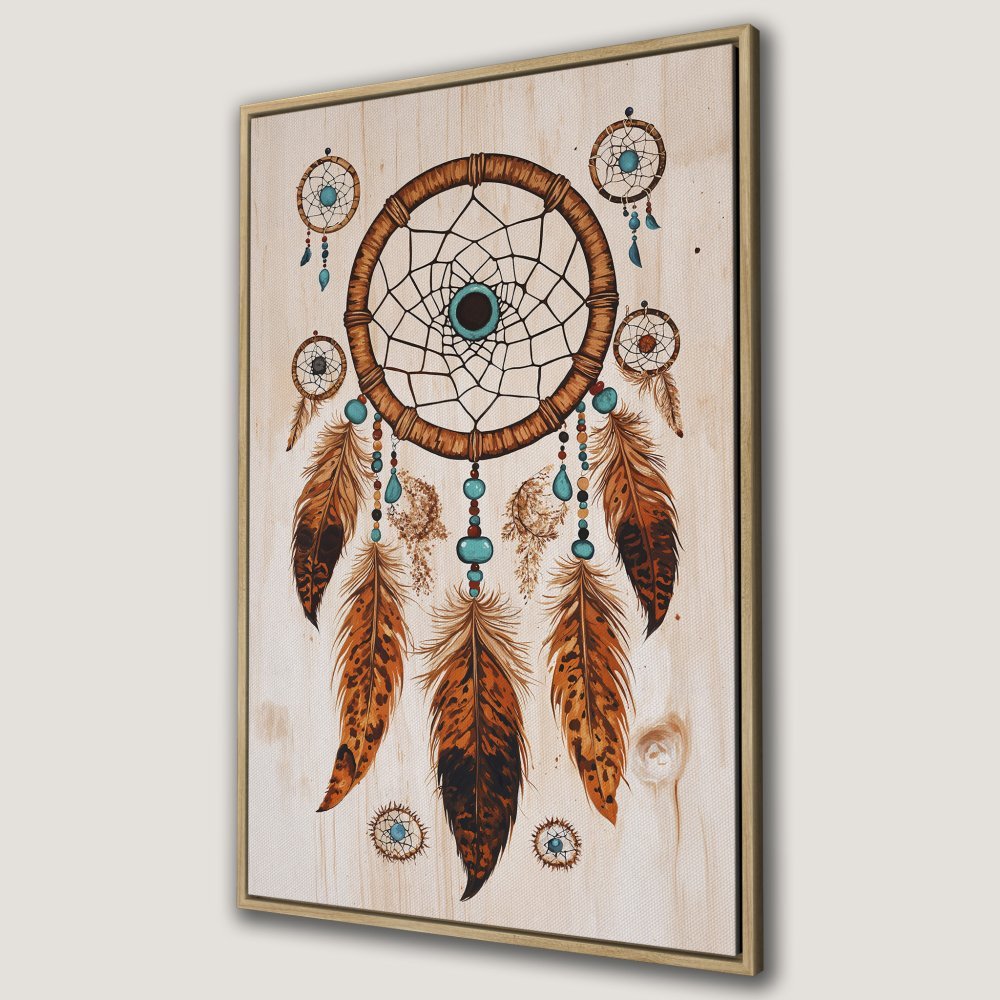 Framed Wall Art featuring a boho dreamcatcher design with warm brown, turquoise, and cream tones. Perfect for adding a touch of bohemian style to your home!