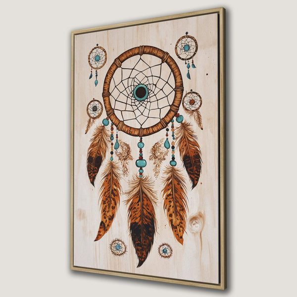 Framed Wall Art featuring a boho dreamcatcher design with warm brown, turquoise, and cream tones. Perfect for adding a touch of bohemian style to your home!