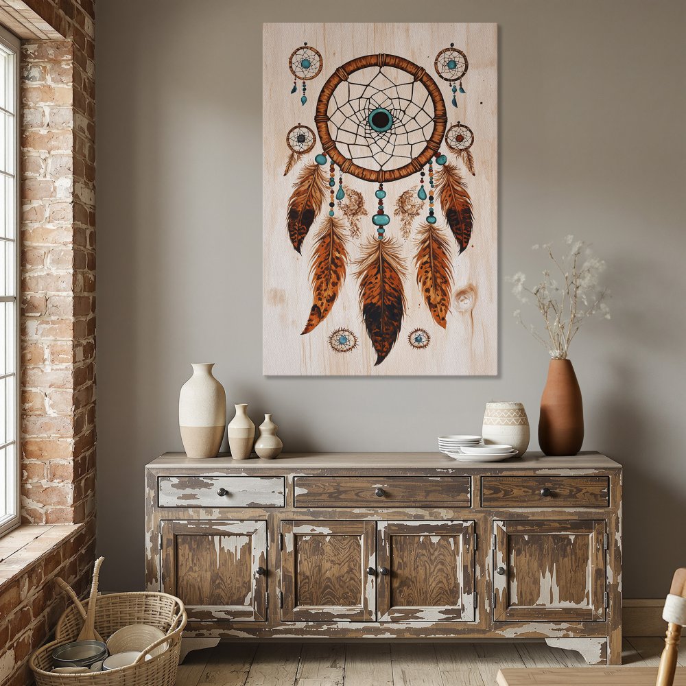 Framed Wall Art: Dreamcatcher canvas print in warm tones. Boho decor with rustic wood background, turquoise accents, and gold frame. Shop now!