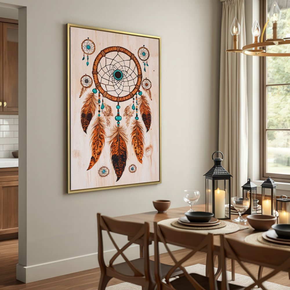 Canvas Print: Bohemian dreamcatcher art in warm brown and teal tones. Perfect for adding a touch of boho style to your home decor.